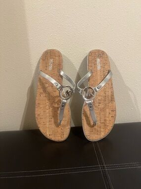 Michael Kors Silver MK Logo Cork Thong Sandals
